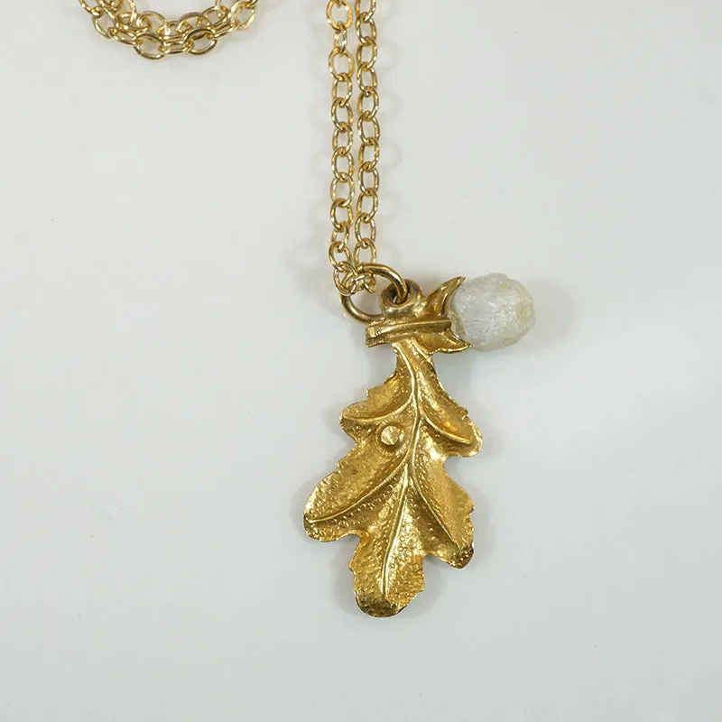 Gold Oak Leaf Pendant with Pearl Acorn