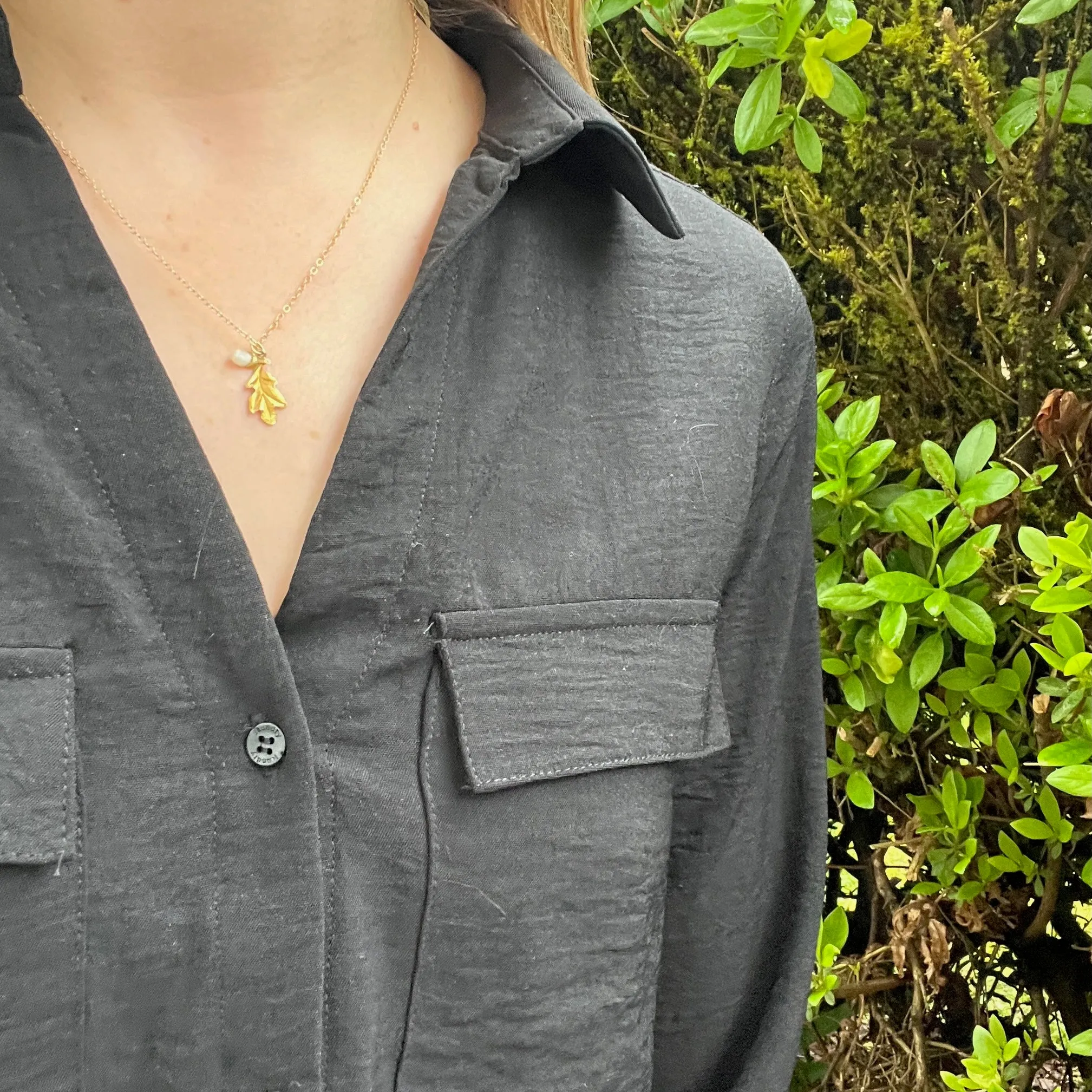 Gold Oak Leaf Pendant with Pearl Acorn