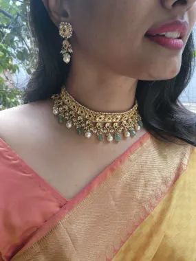 Gold polish kundan & emerald choker with jade & pearl beads, SET