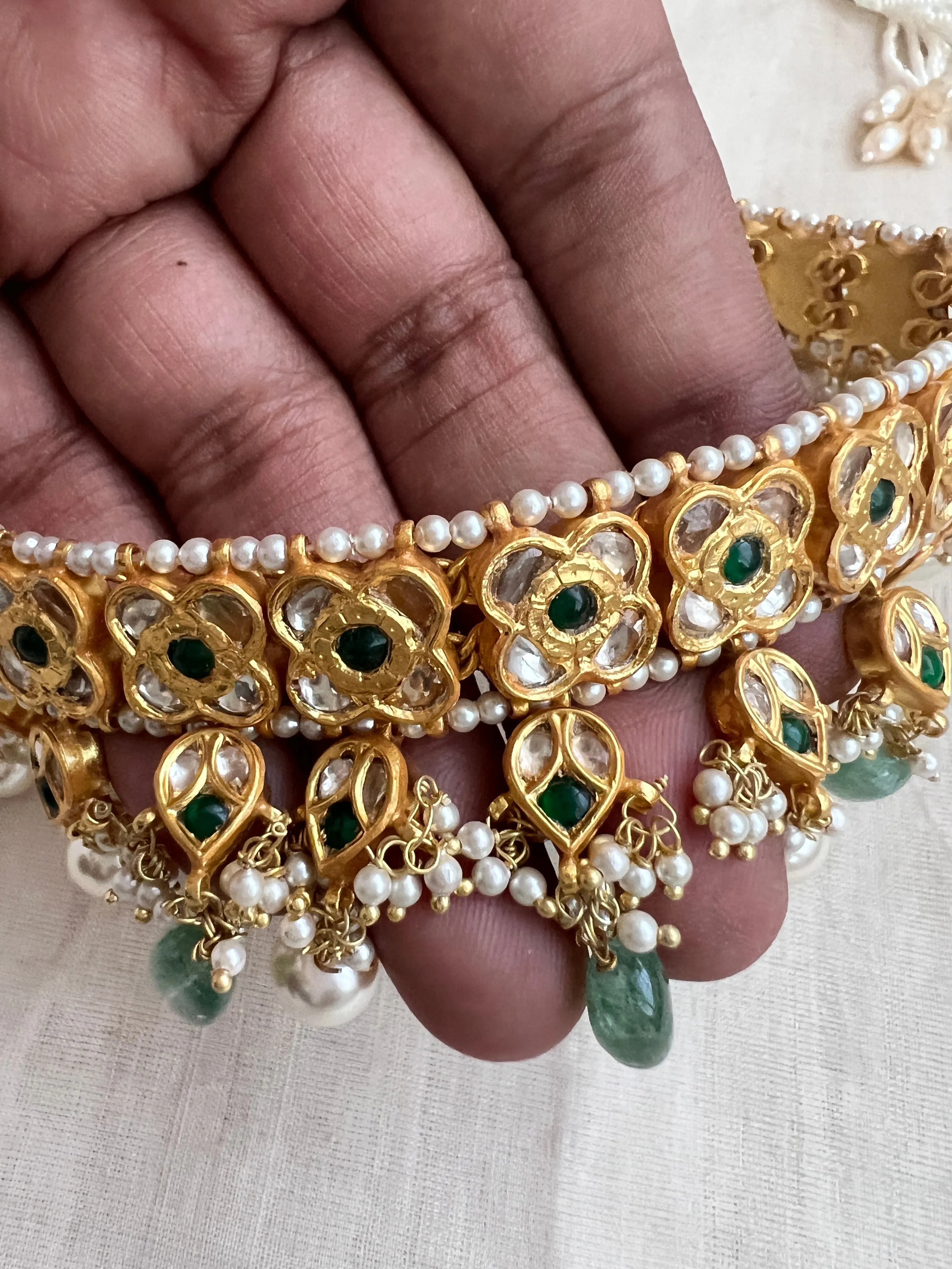 Gold polish kundan & emerald choker with jade & pearl beads, SET