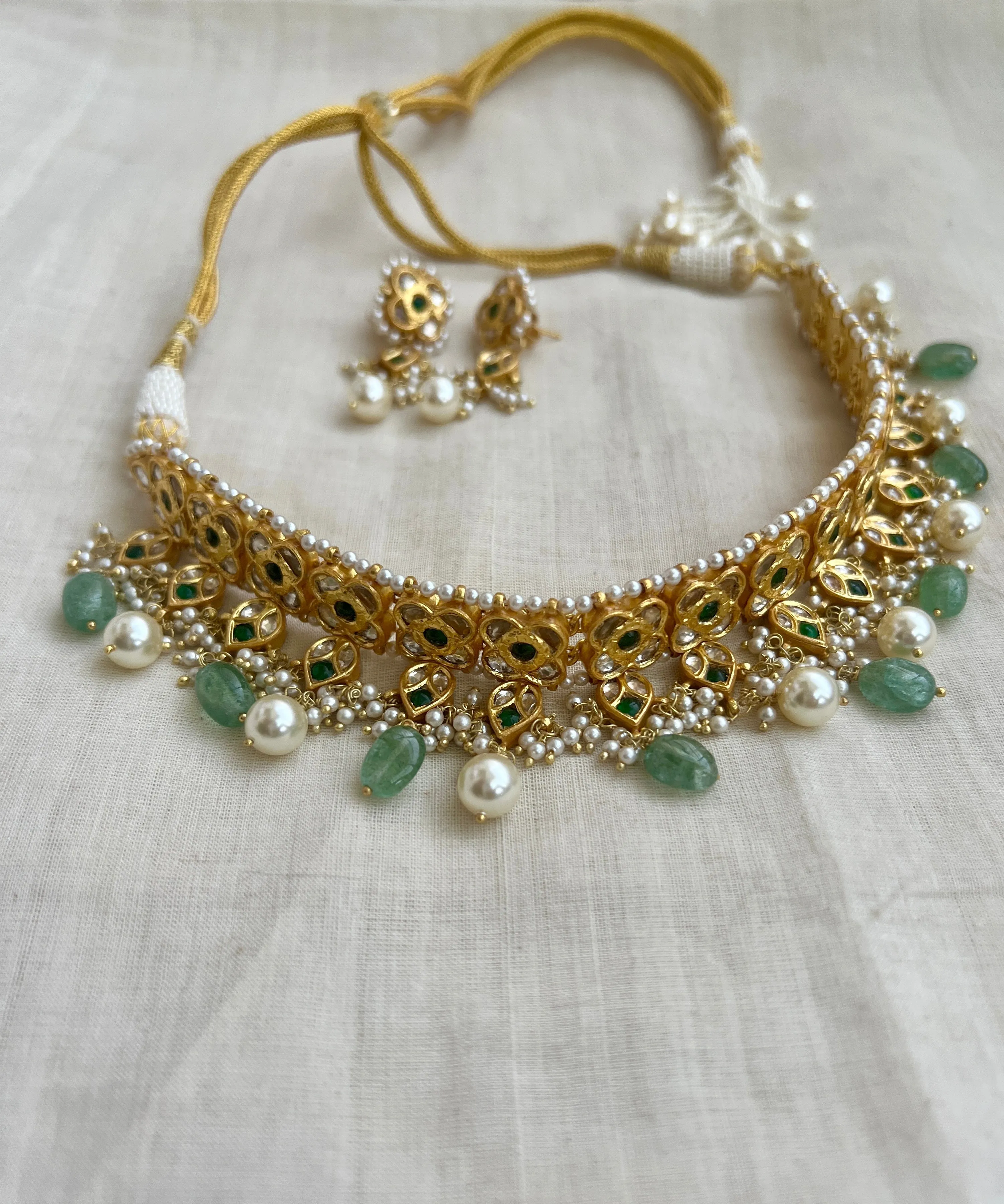 Gold polish kundan & emerald choker with jade & pearl beads, SET