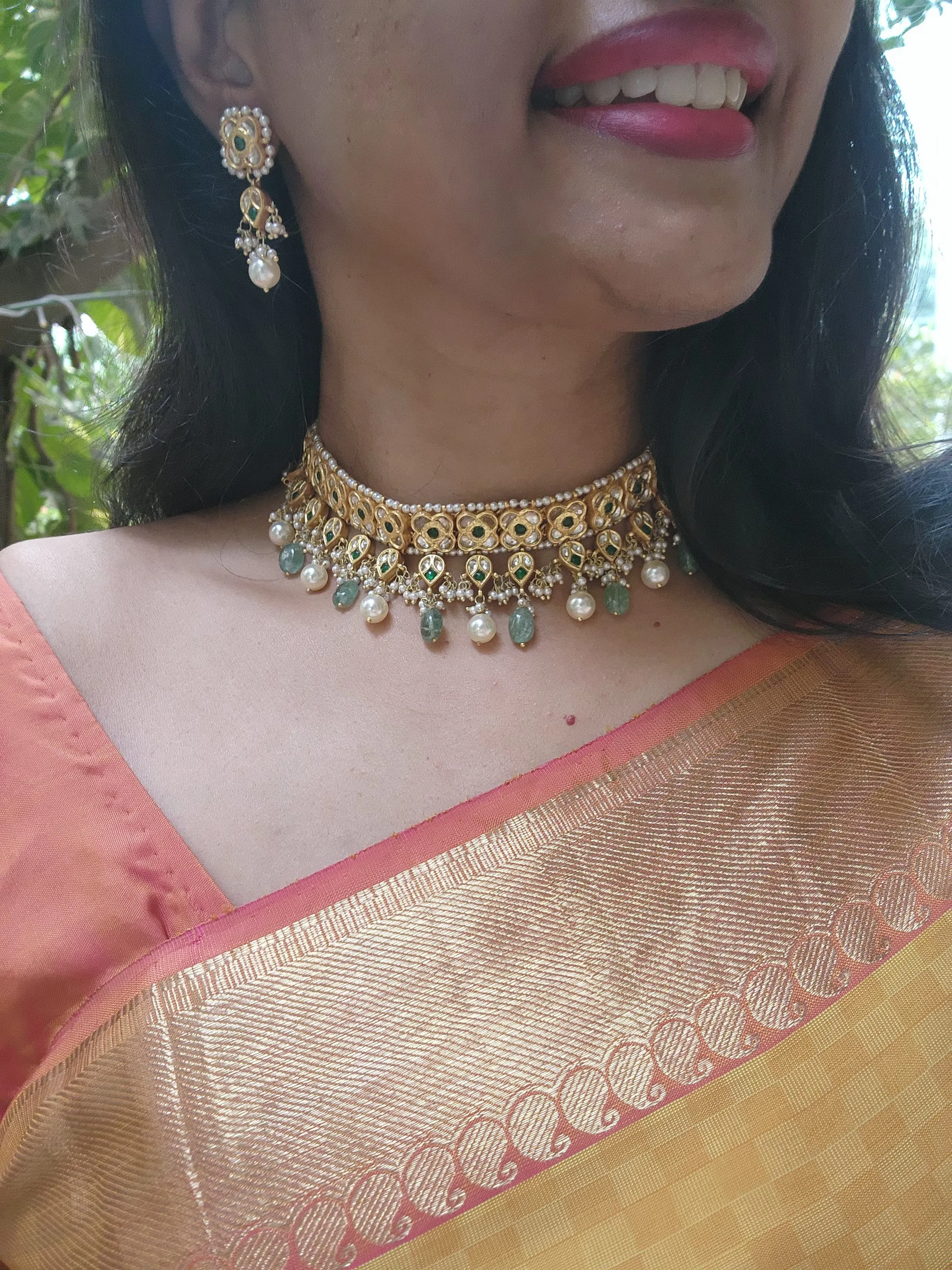 Gold polish kundan & emerald choker with jade & pearl beads, SET