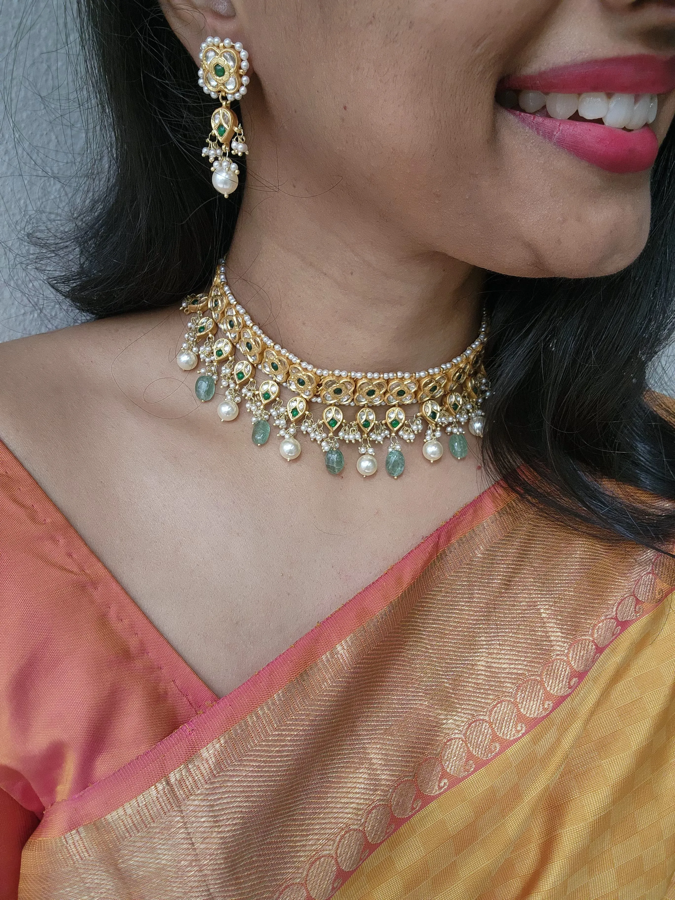 Gold polish kundan & emerald choker with jade & pearl beads, SET