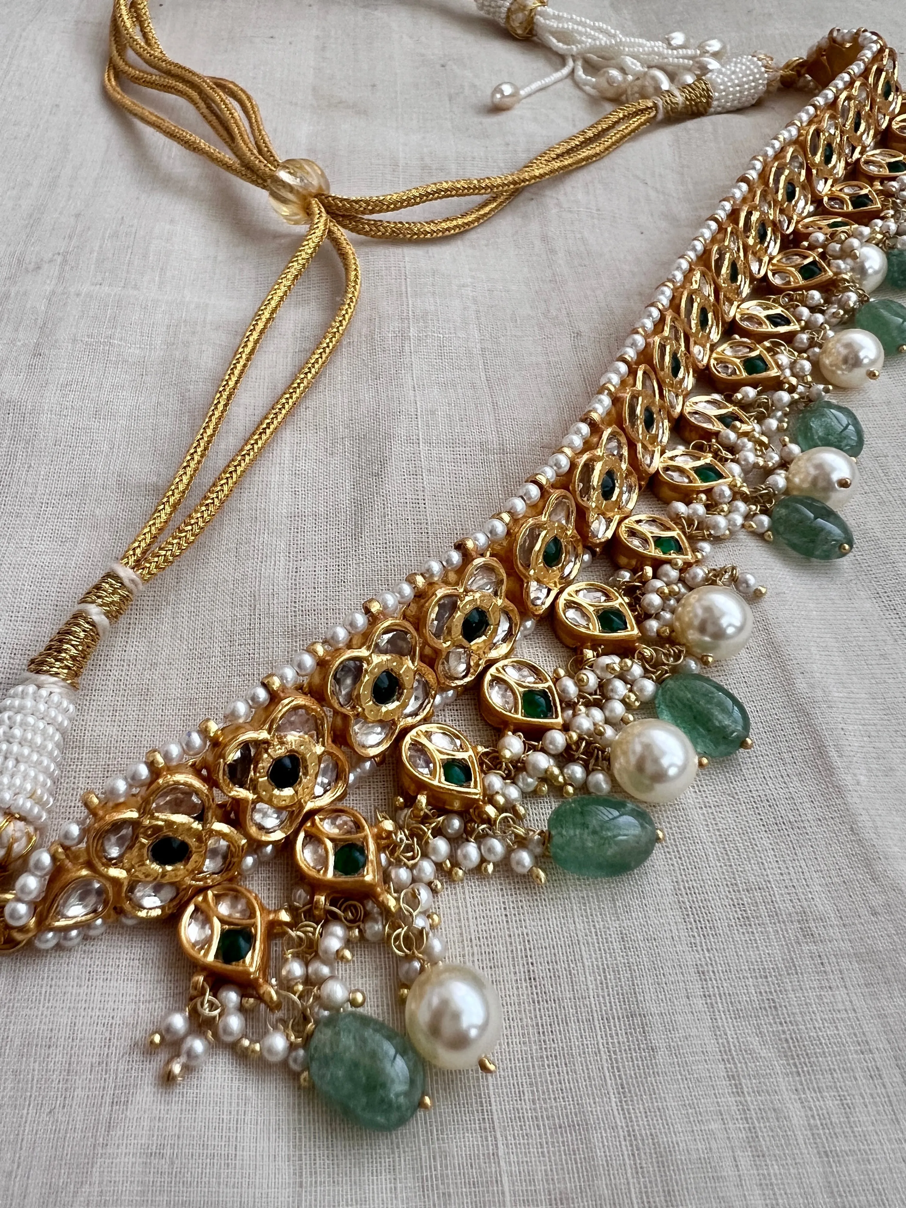 Gold polish kundan & emerald choker with jade & pearl beads, SET