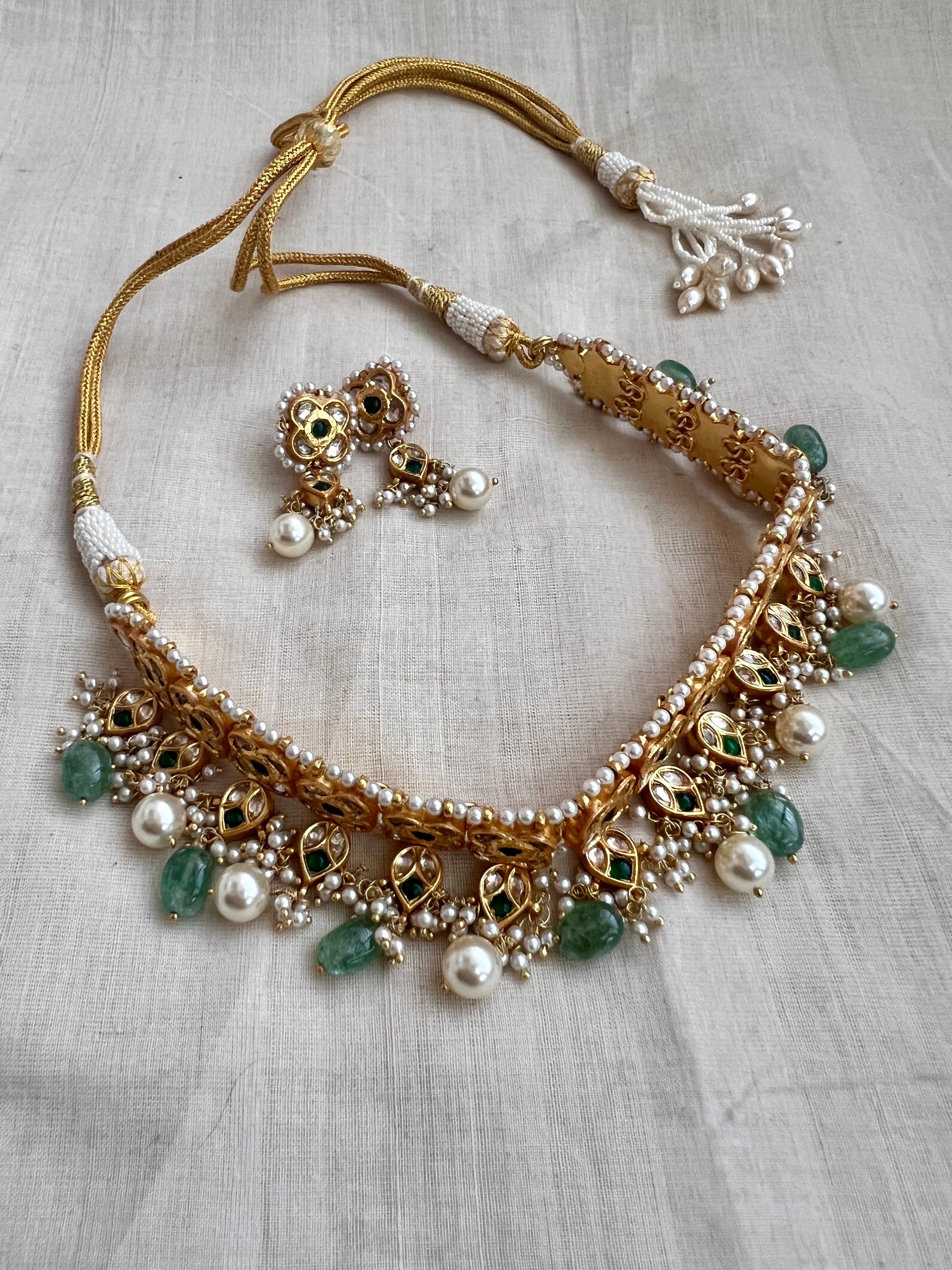 Gold polish kundan & emerald choker with jade & pearl beads, SET