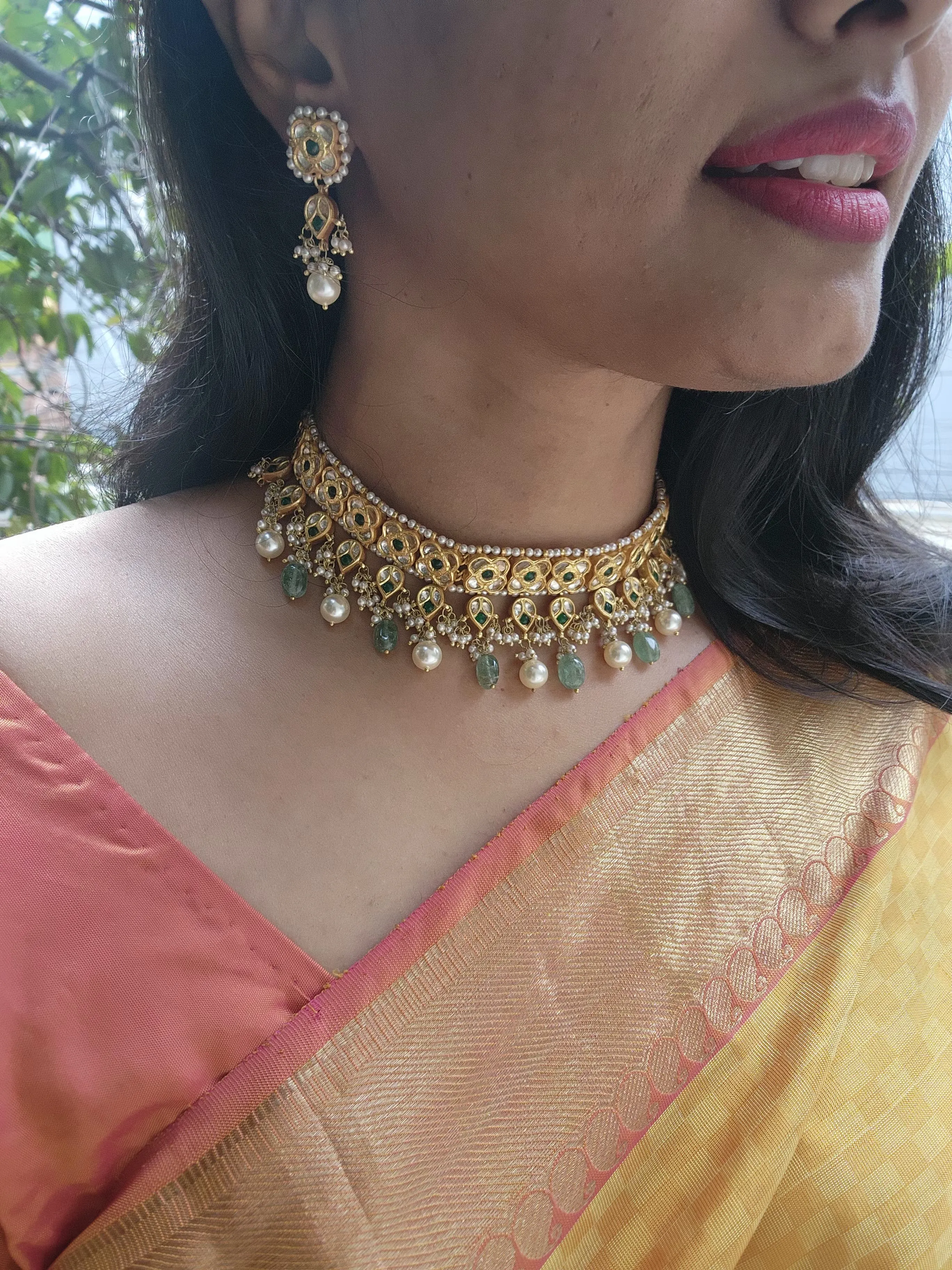 Gold polish kundan & emerald choker with jade & pearl beads, SET