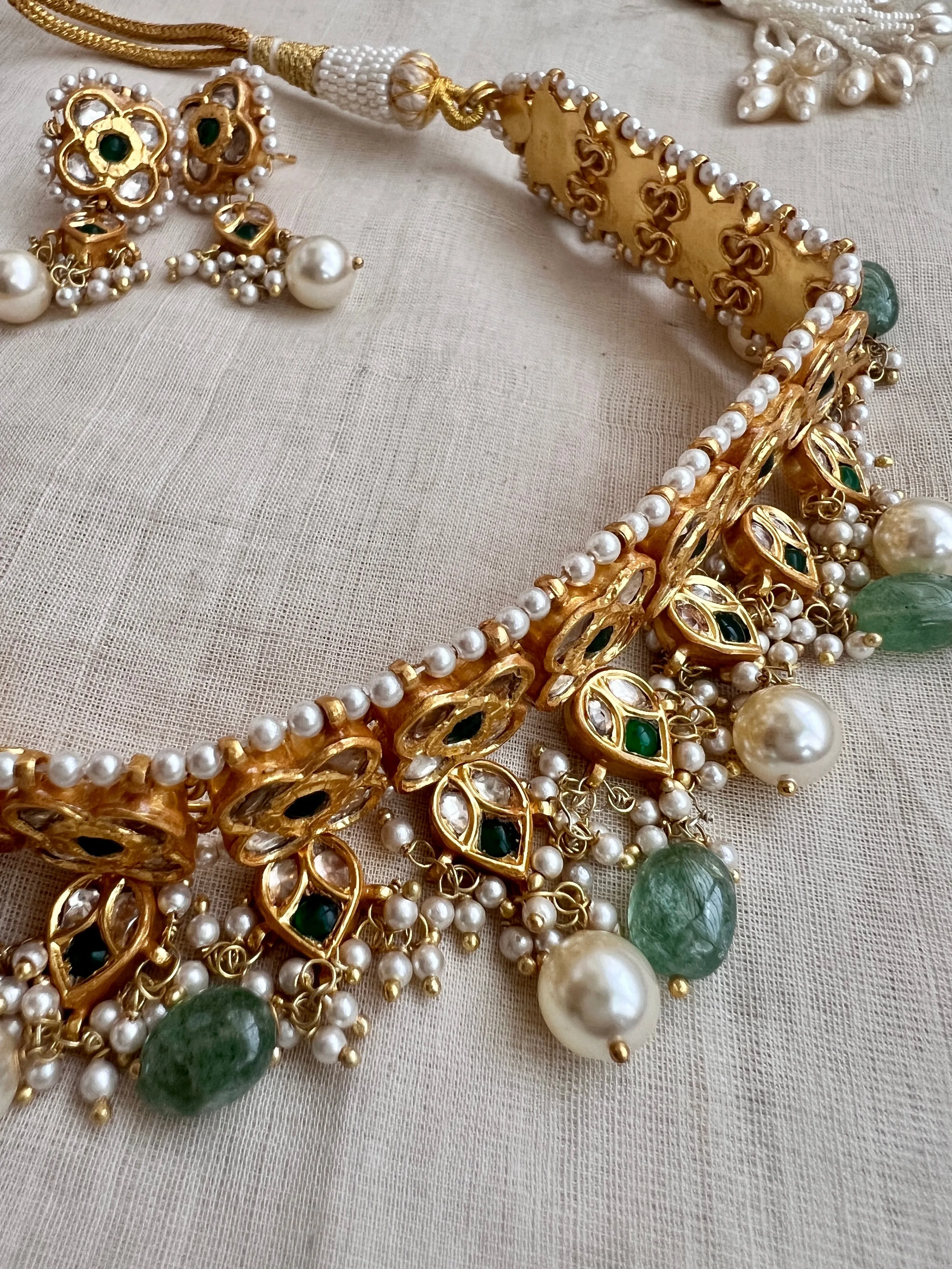 Gold polish kundan & emerald choker with jade & pearl beads, SET