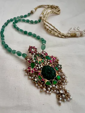 Gold polish simulated kundan, ruby & emerald pendant,  jade & pearls beads chain