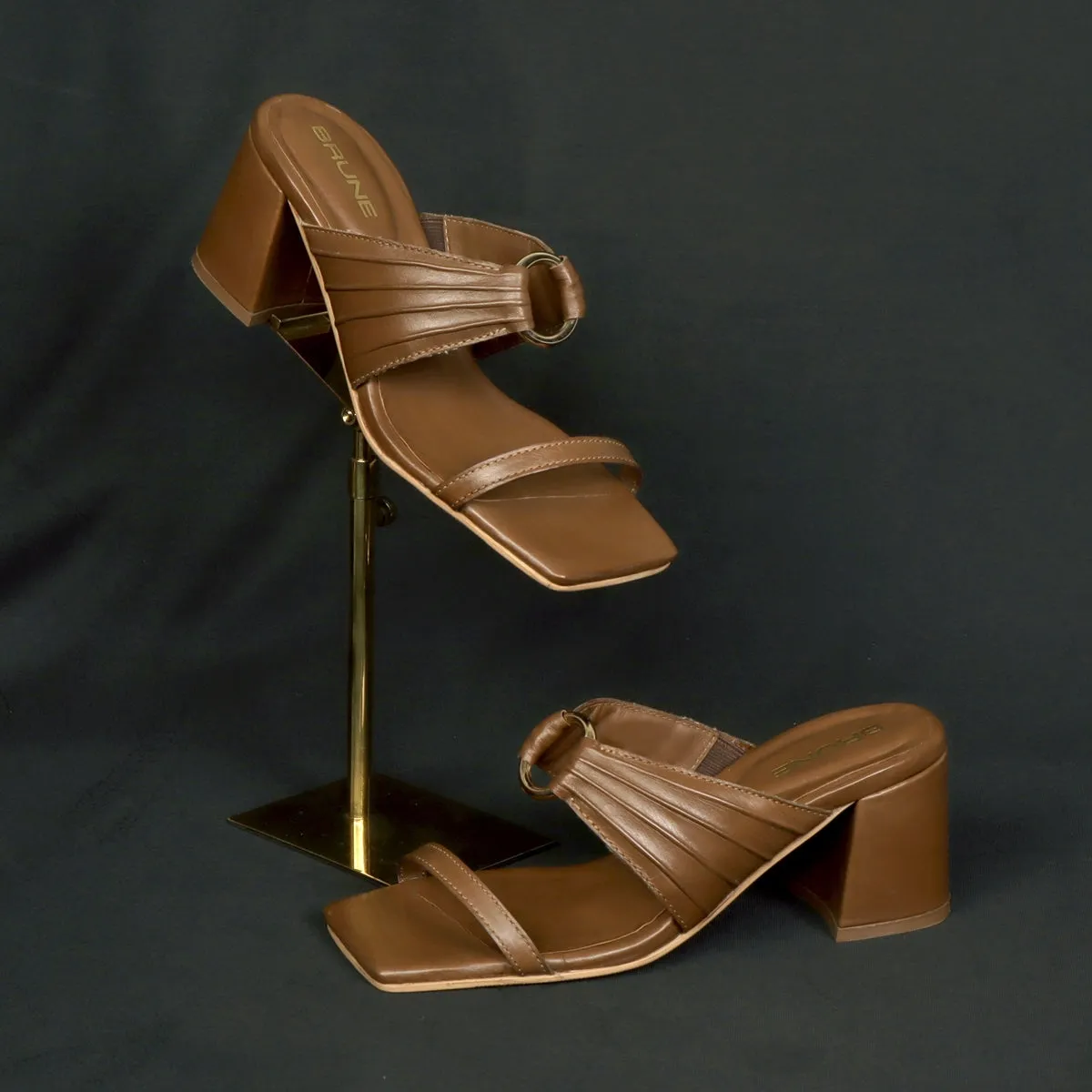 Golden Ring Buckled Open Toe Strap Brown Blocked Heel Ladies Sandals By Brune & Bareskin