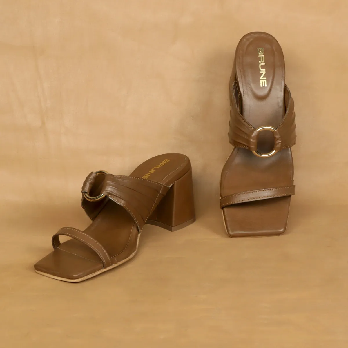 Golden Ring Buckled Open Toe Strap Brown Blocked Heel Ladies Sandals By Brune & Bareskin