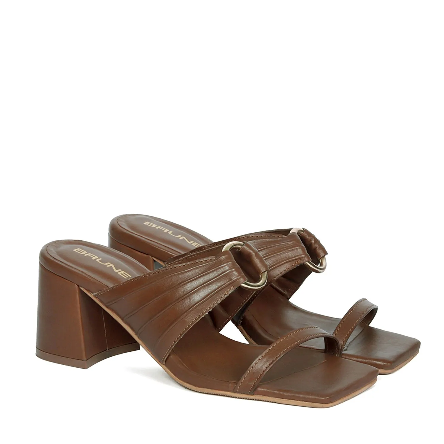 Golden Ring Buckled Open Toe Strap Brown Blocked Heel Ladies Sandals By Brune & Bareskin