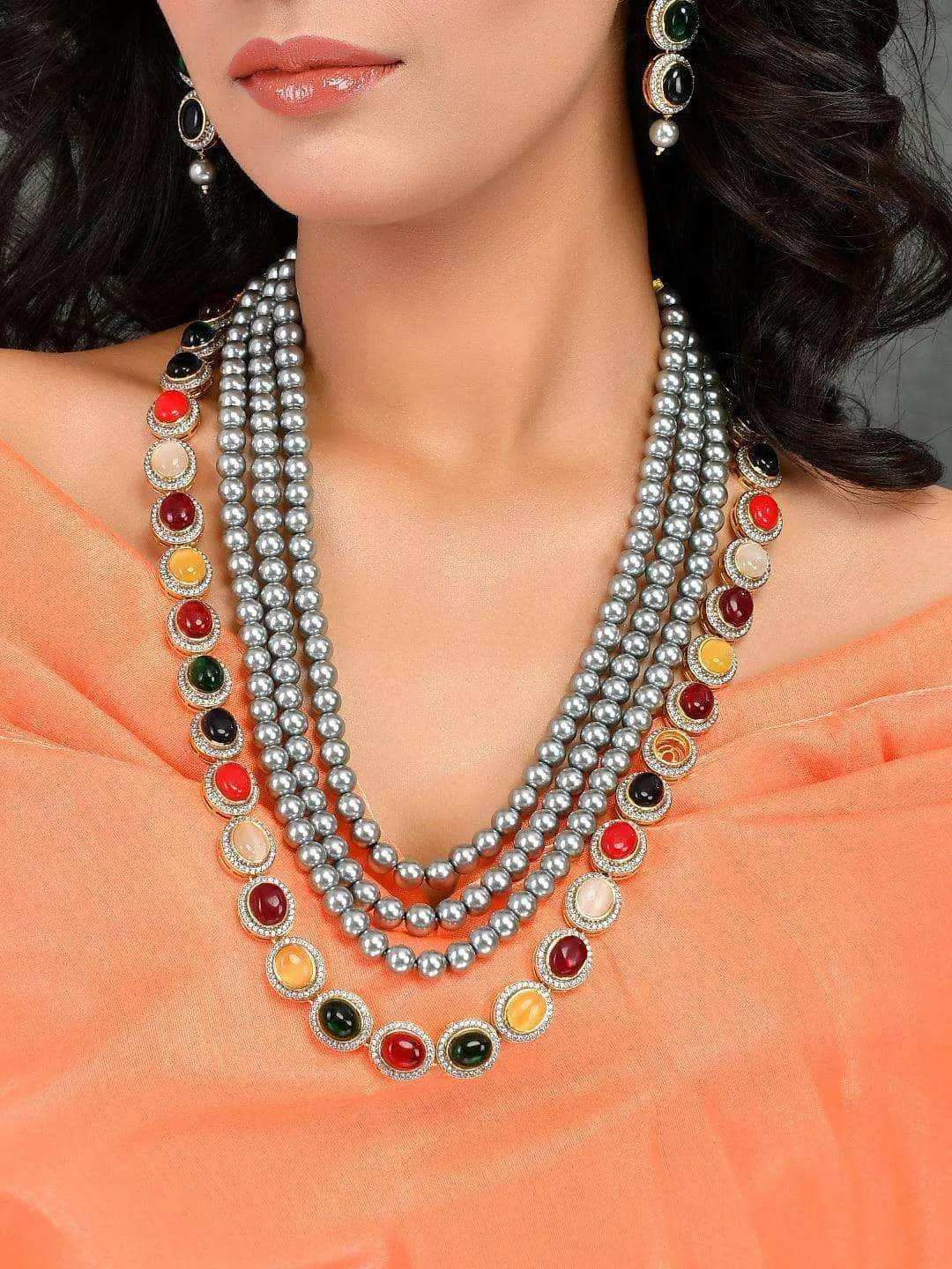 Grey Pearls Layerd Navarathna Necklace