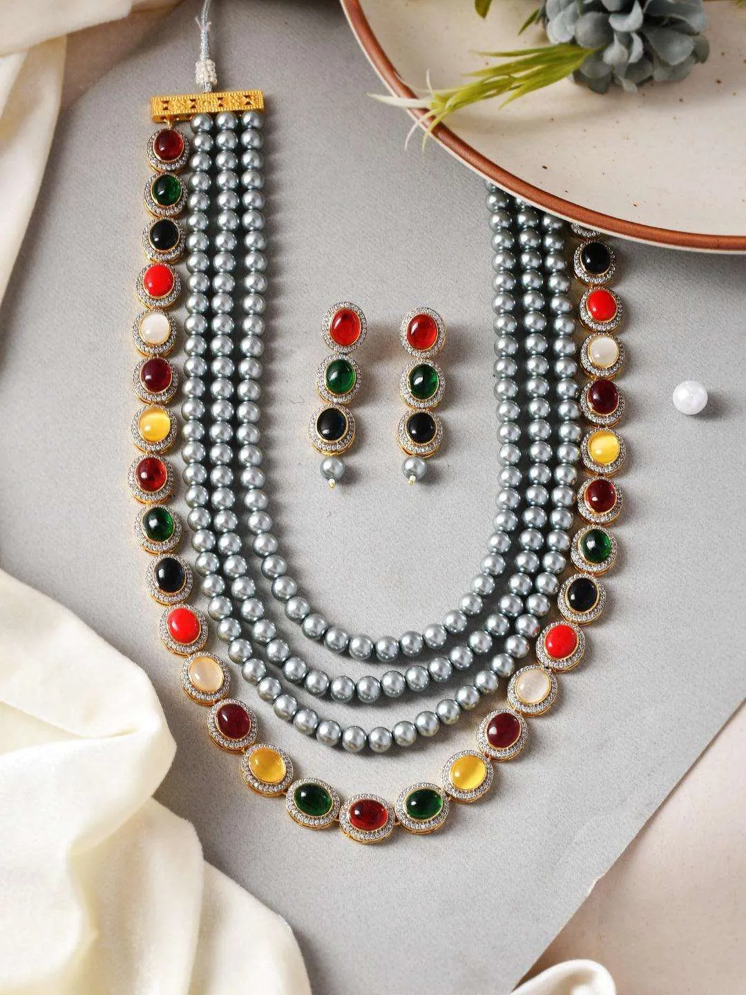 Grey Pearls Layerd Navarathna Necklace