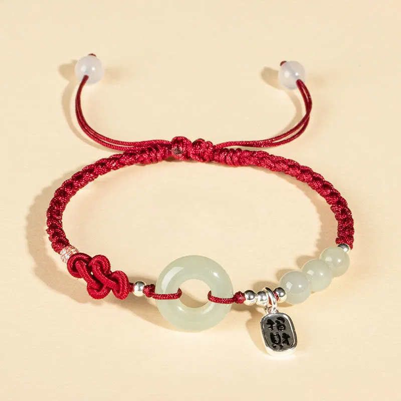 Hand-Woven Red Rope Bracelet with Natural Hetian Jade Ping'an Buckle