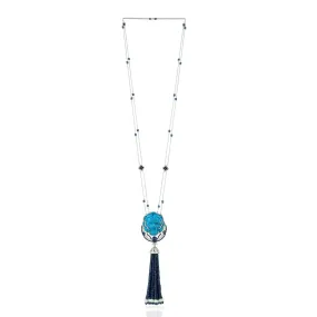 Handcarved Turquoise Sapphire Pearl Tassel Rope/Lariat Necklace In 18k Gold