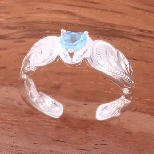 Hawaiian Scroll with Blue Heart CZ Cut Out Edge Toe Ring