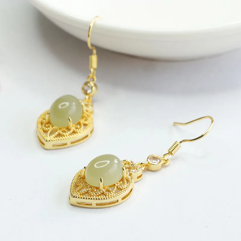 Heart-Shaped Hotan Jade Earrings with Sterling Silver Hooks