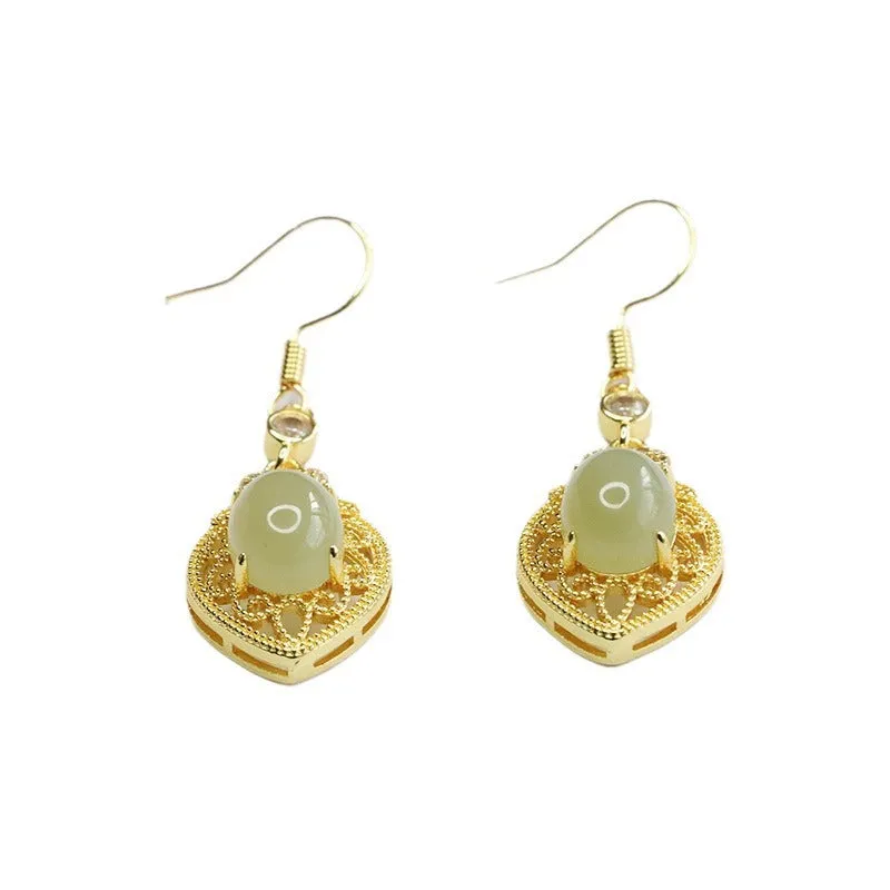 Heart-Shaped Hotan Jade Earrings with Sterling Silver Hooks