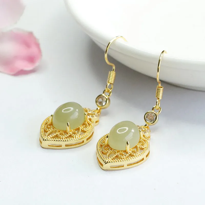 Heart-Shaped Hotan Jade Earrings with Sterling Silver Hooks