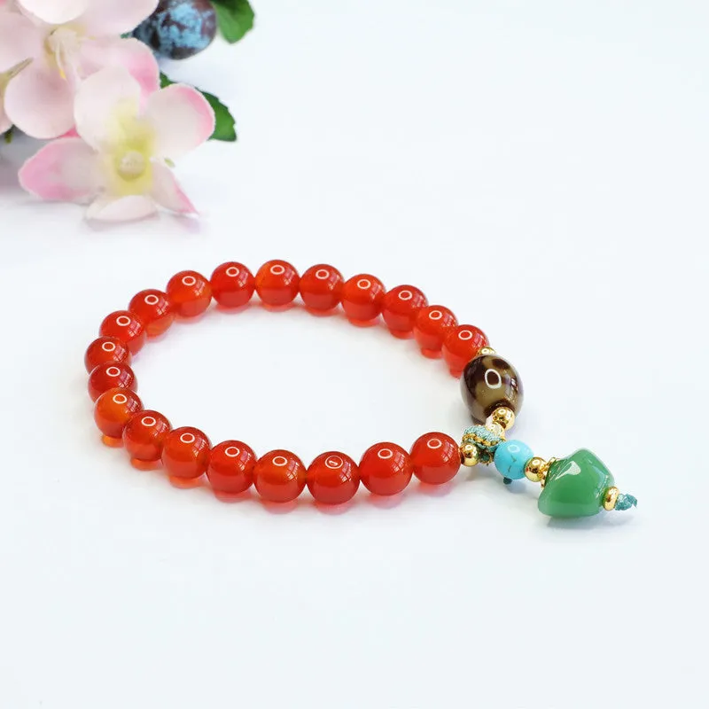 Heavenly Bead Sterling Silver Red Agate and Jade Yuanbao Tassel Bracelet