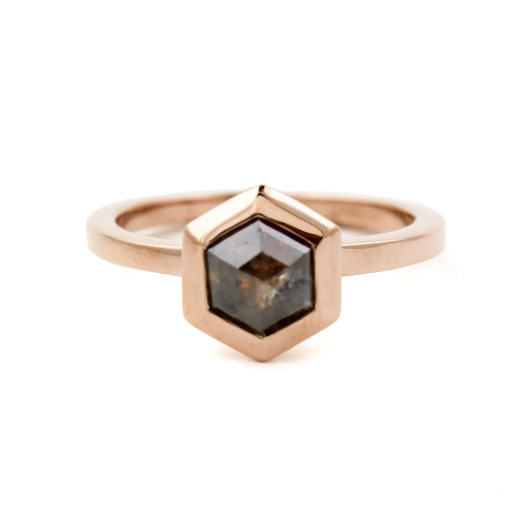 Hexagonal Cut Salt And Pepper Diamond Engagement Ring in 14K Gold