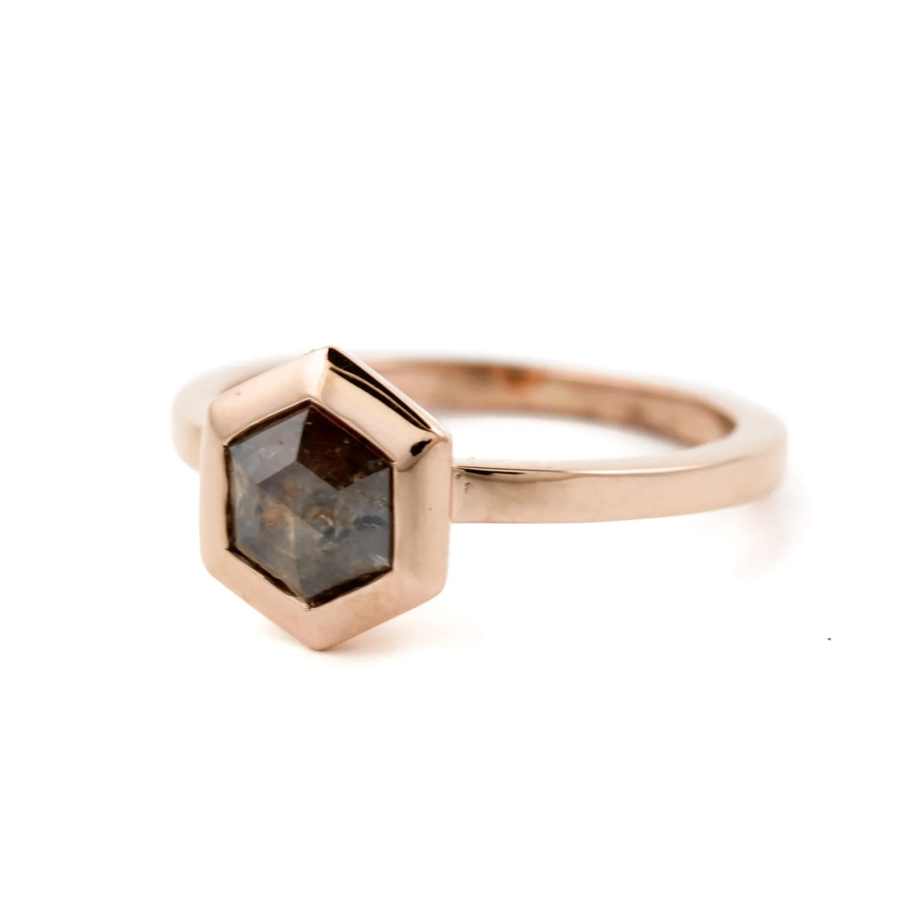 Hexagonal Cut Salt And Pepper Diamond Engagement Ring in 14K Gold