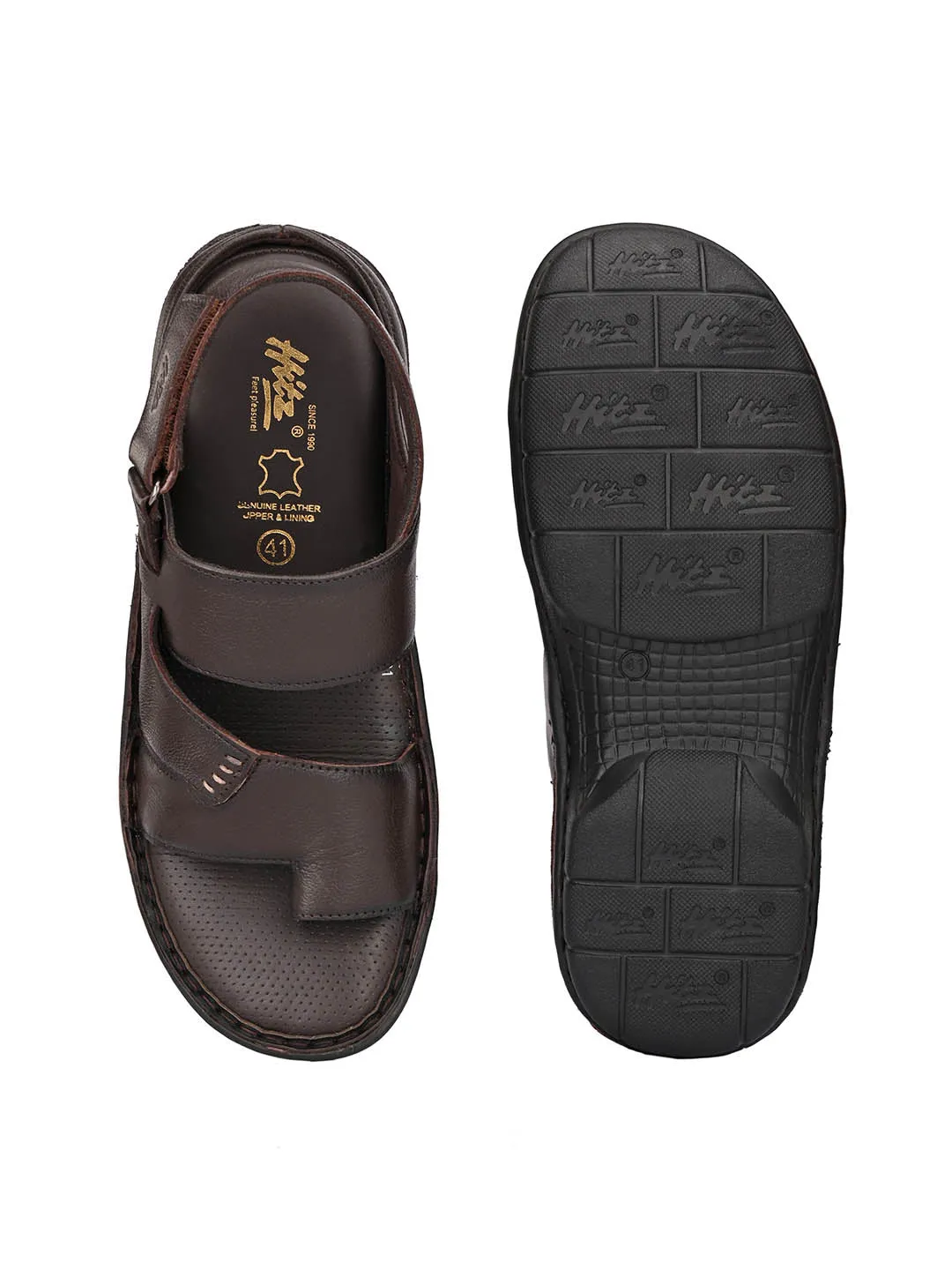 Hitz Men's Brown Leather Toe Ring Comfort Sandals with Velcro Closure