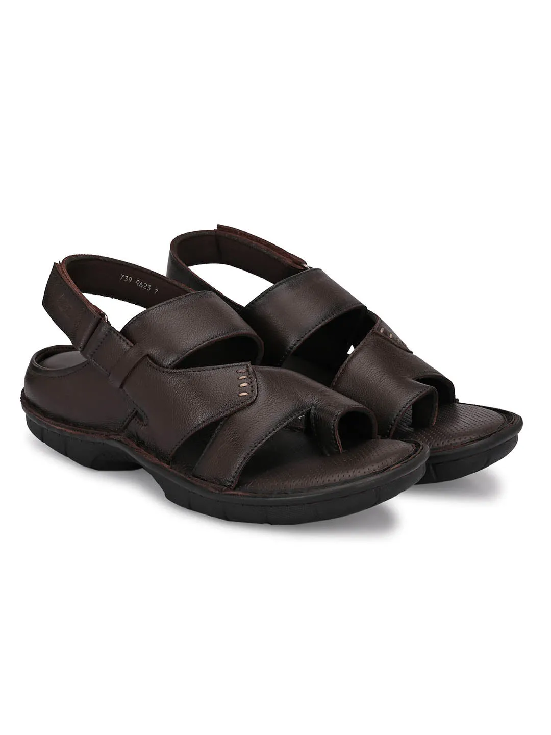 Hitz Men's Brown Leather Toe Ring Comfort Sandals with Velcro Closure