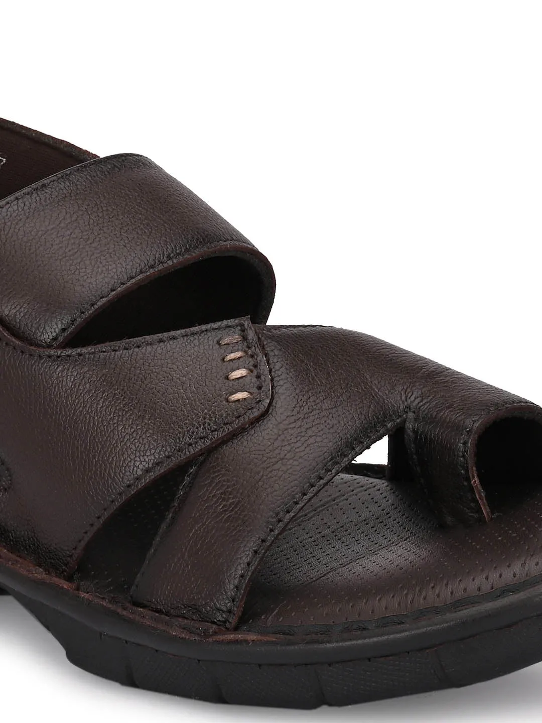 Hitz Men's Brown Leather Toe Ring Comfort Sandals with Velcro Closure