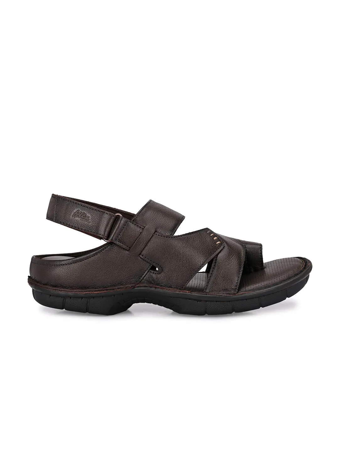 Hitz Men's Brown Leather Toe Ring Comfort Sandals with Velcro Closure