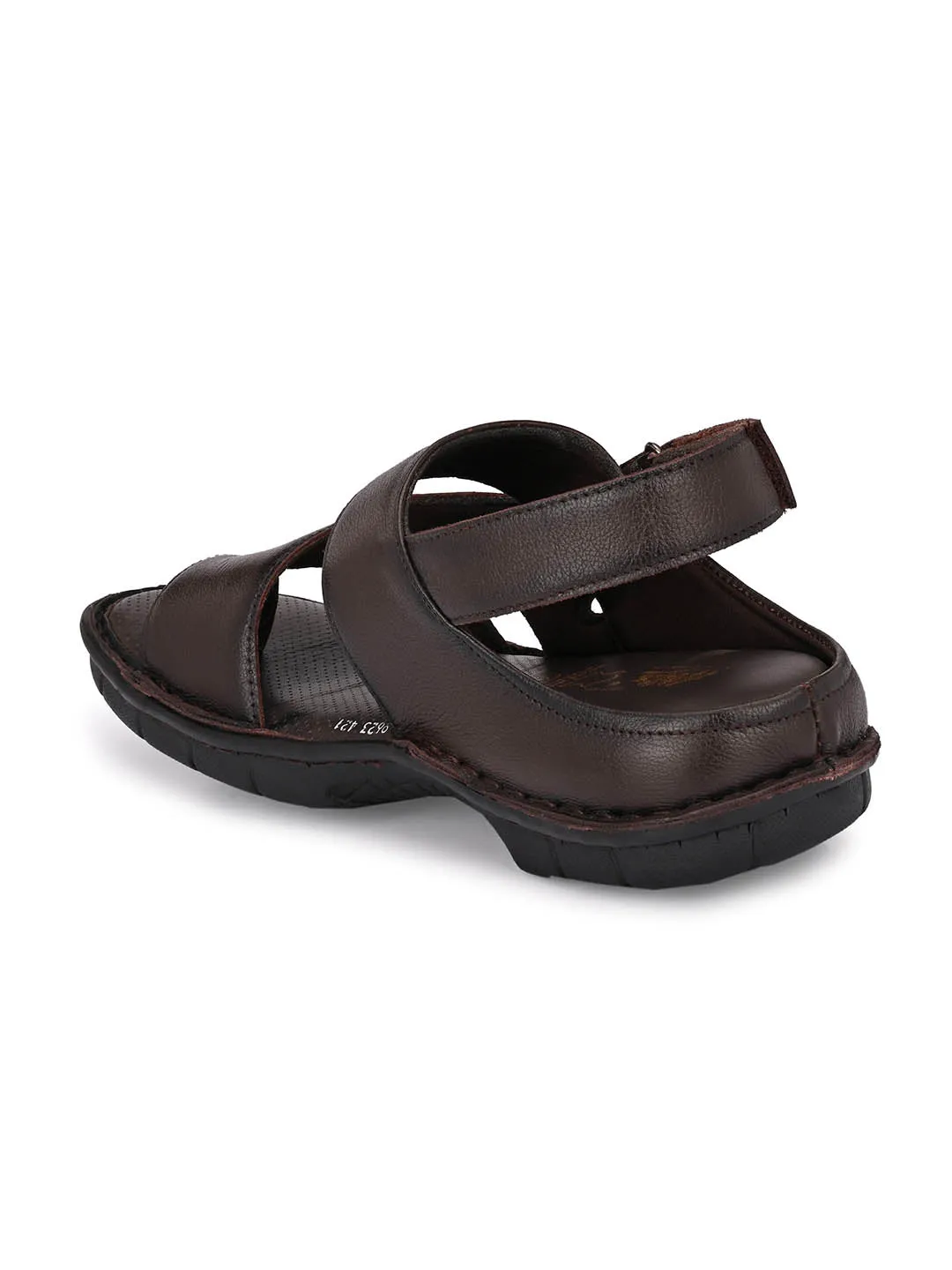 Hitz Men's Brown Leather Toe Ring Comfort Sandals with Velcro Closure