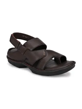 Hitz Men's Brown Leather Toe Ring Comfort Sandals with Velcro Closure