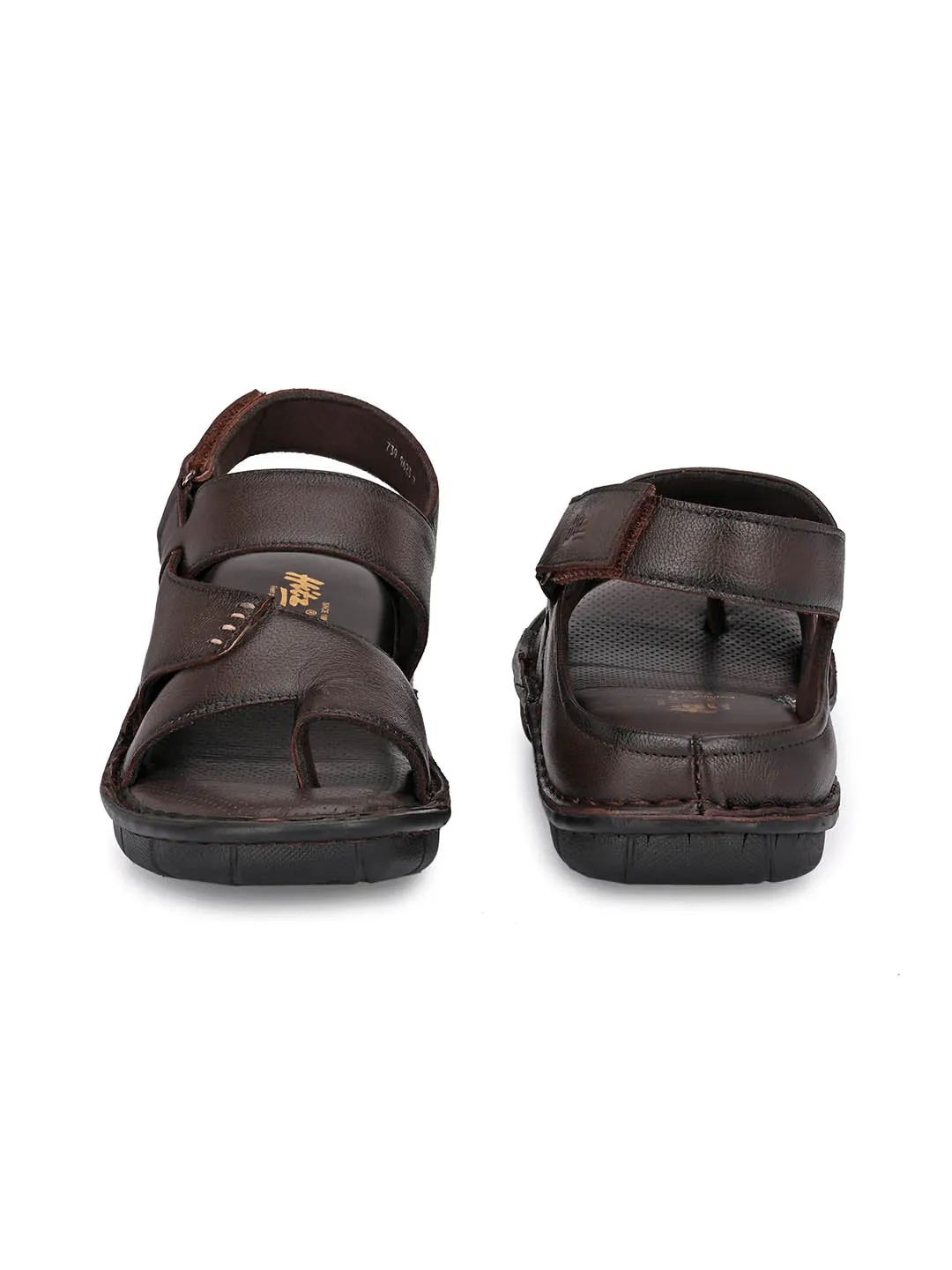 Hitz Men's Brown Leather Toe Ring Comfort Sandals with Velcro Closure