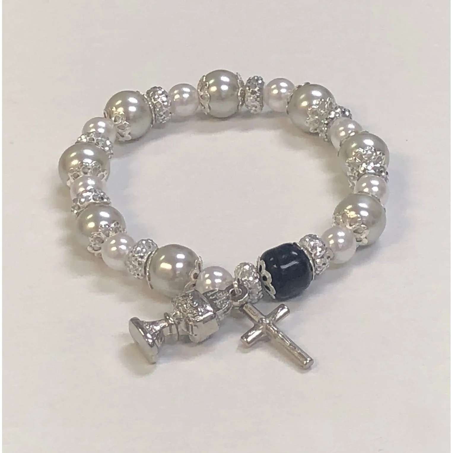 Imitation Pearl Stretch Bracelet With Chalice & Cross