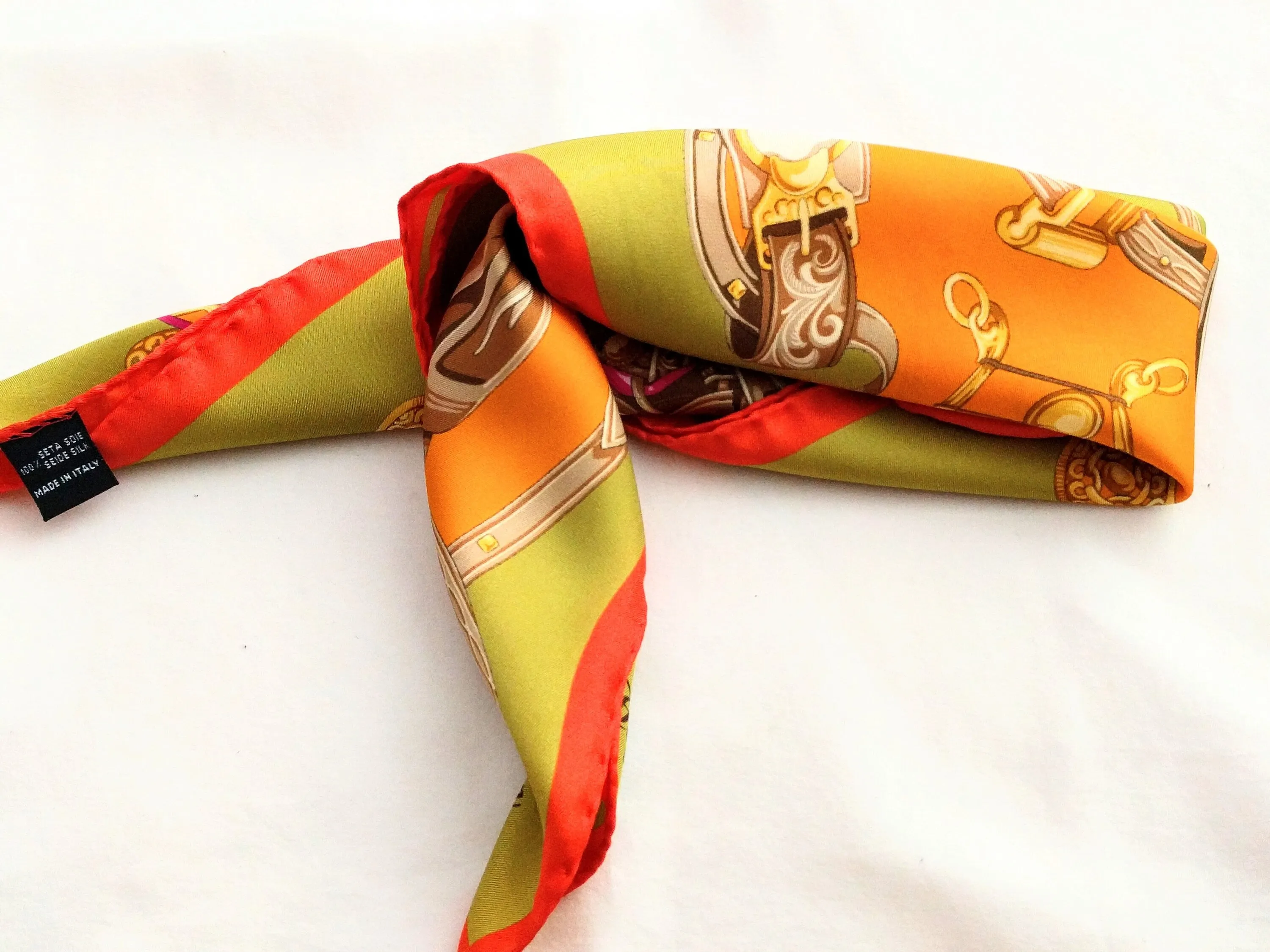 Italian Silk Scarf – Small Orange Como Silk Scarf, Green & Beige Accents, Made in Italy, 19.5" Square, Rolled Edges