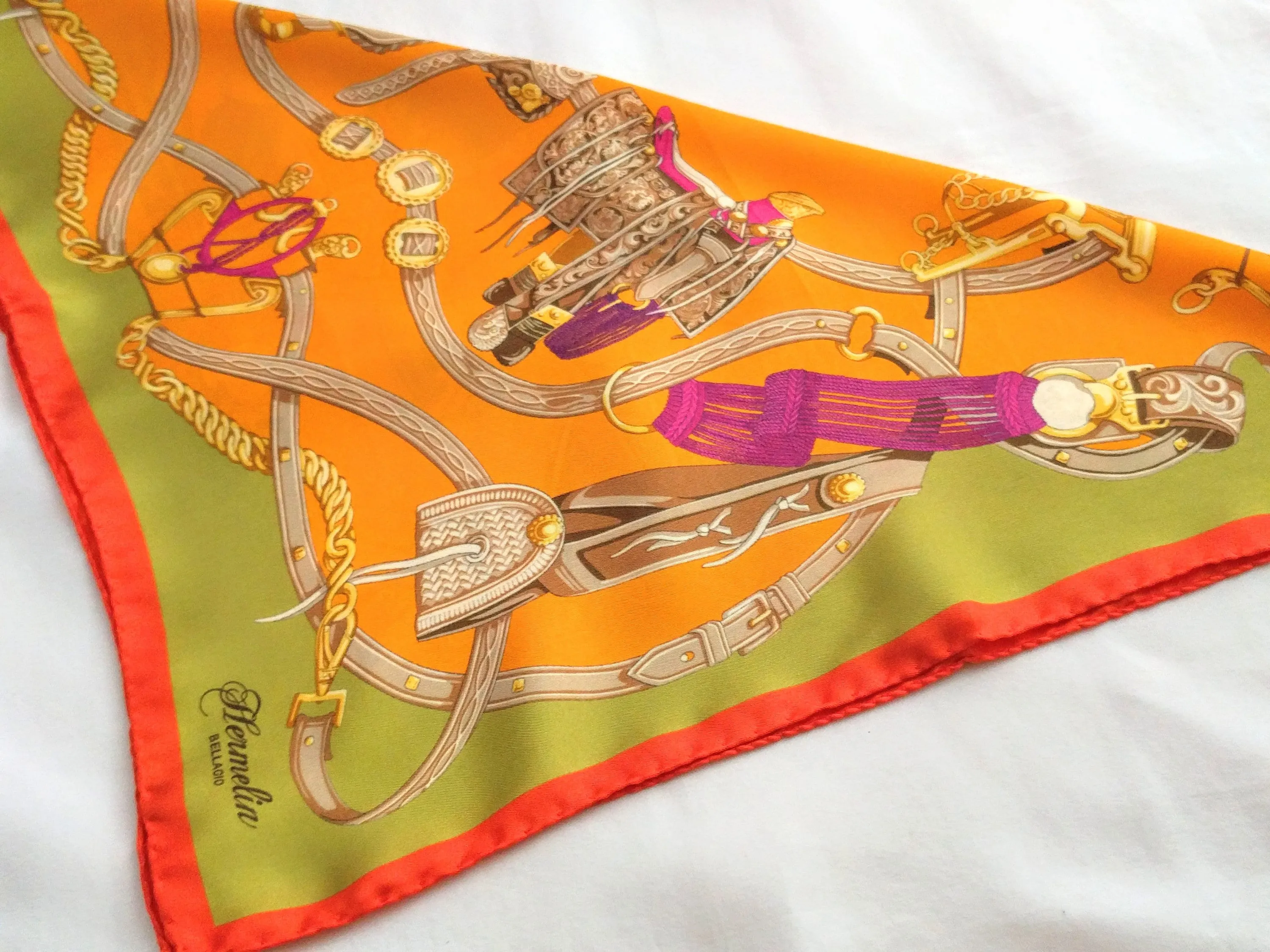 Italian Silk Scarf – Small Orange Como Silk Scarf, Green & Beige Accents, Made in Italy, 19.5" Square, Rolled Edges