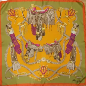 Italian Silk Scarf – Small Orange Como Silk Scarf, Green & Beige Accents, Made in Italy, 19.5" Square, Rolled Edges