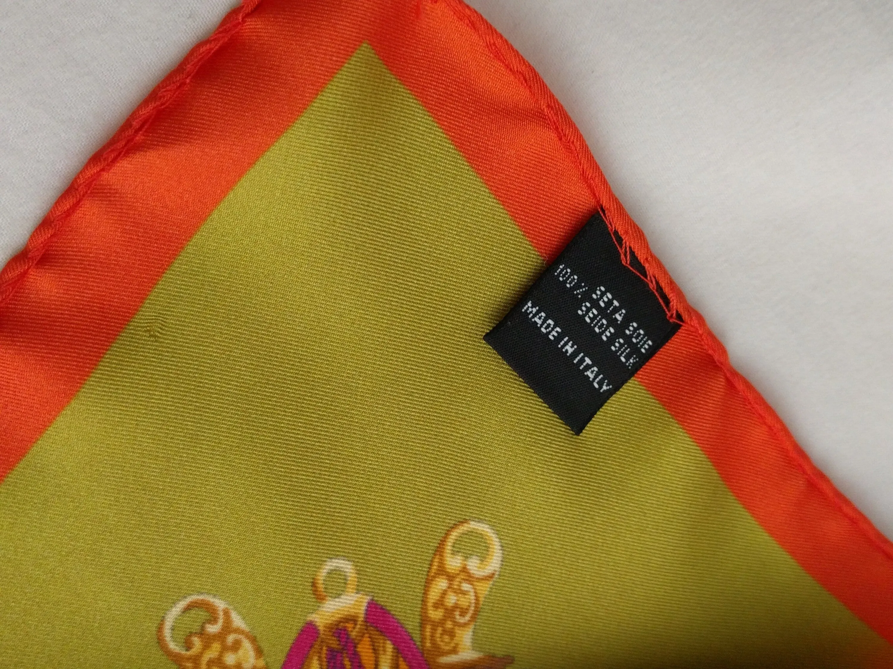 Italian Silk Scarf – Small Orange Como Silk Scarf, Green & Beige Accents, Made in Italy, 19.5" Square, Rolled Edges