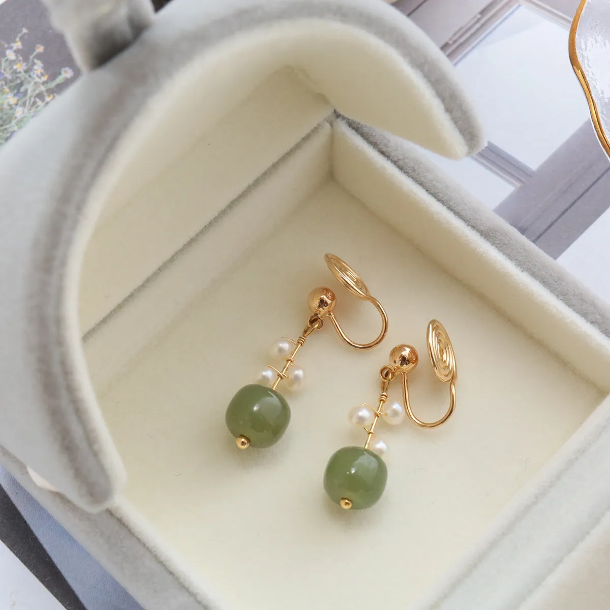 Jade and Pearl Sterling Silver Ear Clip Earrings by Planderful Collection