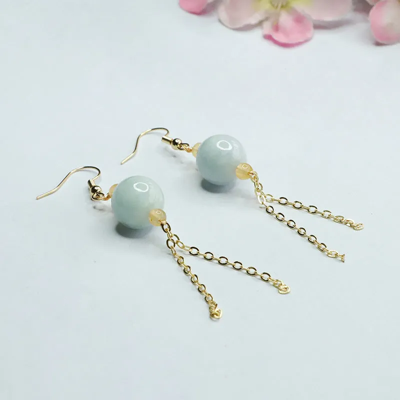 Jade Bead Tassel Earrings with Sterling Silver Ear Hooks