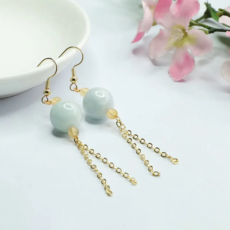 Jade Bead Tassel Earrings with Sterling Silver Ear Hooks