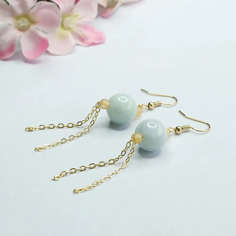 Jade Bead Tassel Earrings with Sterling Silver Ear Hooks