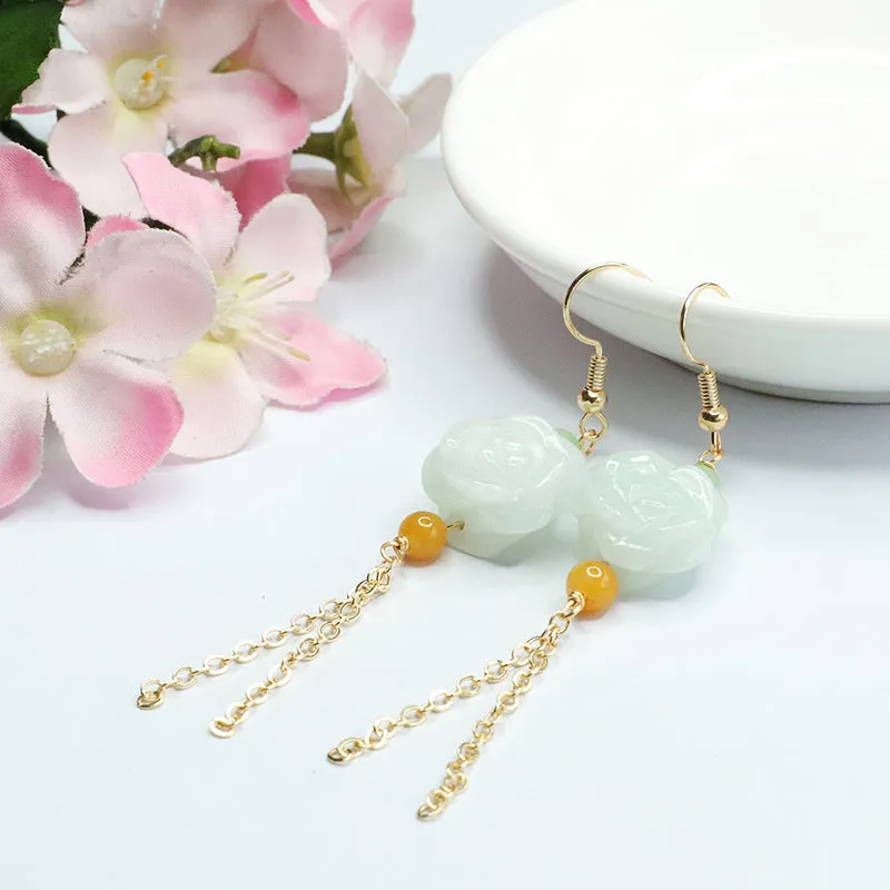 Jade Flower Tassel Earrings with Sterling Silver Ear Hooks