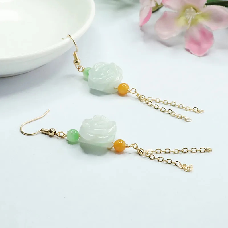 Jade Flower Tassel Earrings with Sterling Silver Ear Hooks