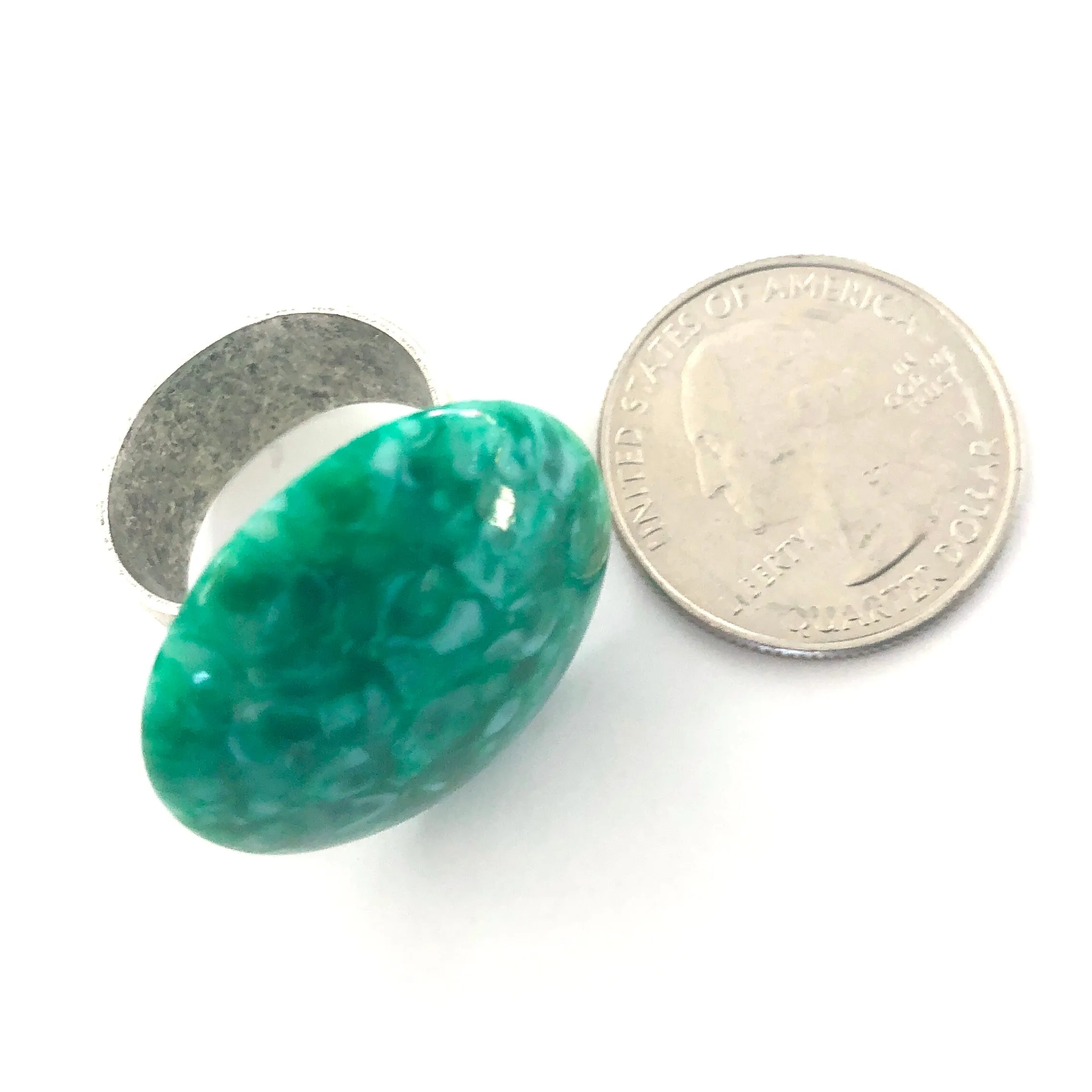 Jade Green Granite Speckled Lucite Silver Cocktail Ring