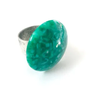 Jade Green Granite Speckled Lucite Silver Cocktail Ring