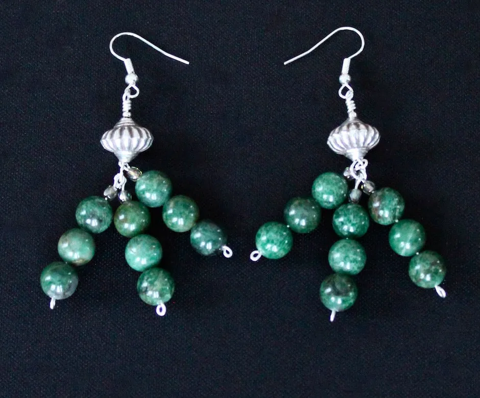 Jade Rounds 3-Strand Earrings with Fire Polished Glass and Sterling Silver Beads & Earring Wires