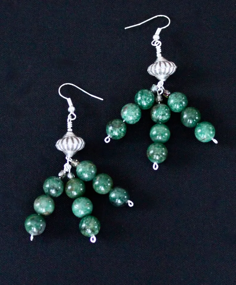 Jade Rounds 3-Strand Earrings with Fire Polished Glass and Sterling Silver Beads & Earring Wires