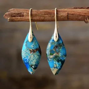 'Jasper' Leaf Gold Dangle Earrings - blue