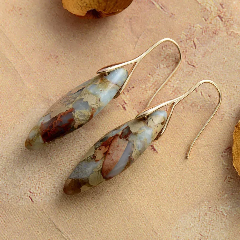 'Jasper' Leaf Gold Dangle Earrings - blue